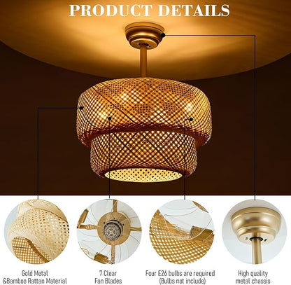 19.3" Bamboo Caged Ceiling Fan with Lights and Remote,4-Light Boho Rattan Ceiling Fan with Light Reversible Motor, Farmhouse Rattan Chandelier Fan for Bedroom, Living Room