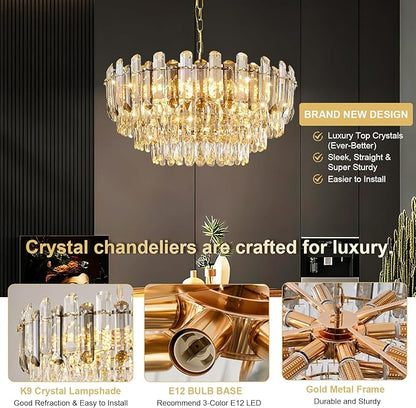 Gold Crystal Chandelier 24" 12-Light 4-Tier K9 Crystal Round Adjustable Pendant Light Modern Crystal Chandeliers for Dining Room Living Room Kitchen Island Bedroom Foyer Entryway