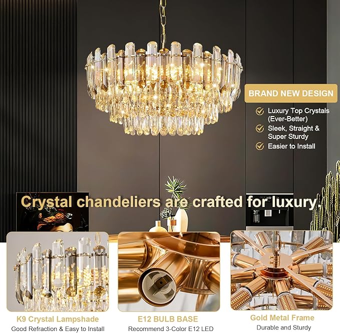 Gold Crystal Chandelier 20" 10-Light 3-Tier K9 Crystal Round Adjustable Pendant Light Modern Crystal Chandeliers for Dining Room Living Room Kitchen Island Bedroom Foyer Entryway