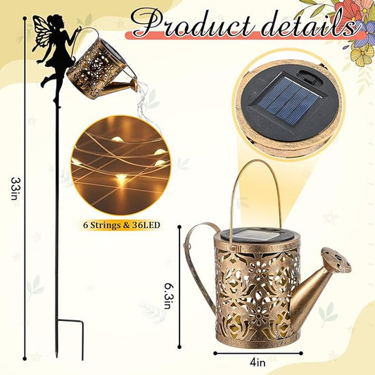Honoson Solar Watering Can with Lights Solar Outdoor Garden Decor Fairy Water Can Hanging Lantern Landscape Sprinkle Waterproof Twinkle LED Decorative Gift for Women Yard Patio Pathway