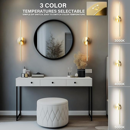 ZAGO 24 Inch LED Indoor Linear Wall Sconces Set of Two, 3CCT Switchable, Brushed Golden, Hardwired and Wall Mounted, Dimmable for Living Room, Hallway, Bedroom, 120-277V, 14W, 900LM, ETL Certified