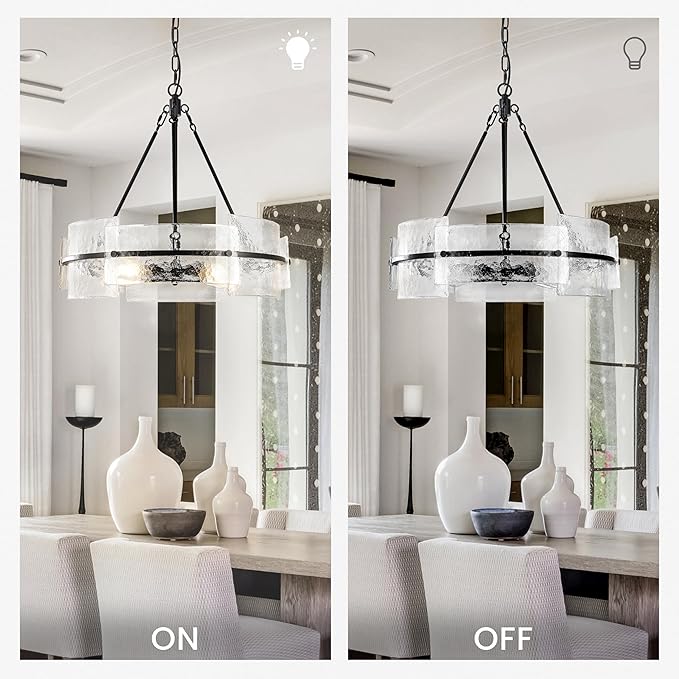 Modern Dining Room Chandelier 22” Black Textured Glass Chandelier Luxury Drum Crystal Light Fixture Farmhouse Round Hanging Lighting for Dining Room Kitchen Island Living Room Hallway Bedroom