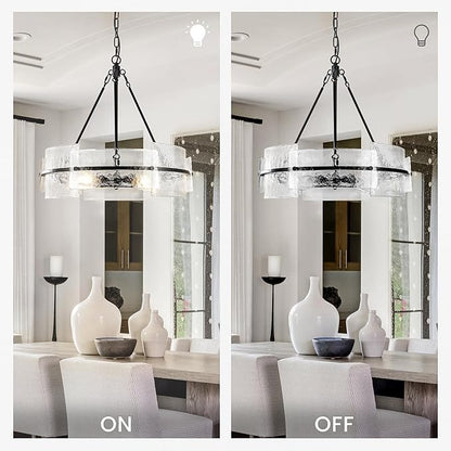Modern Dining Room Chandelier 22” Black Textured Glass Chandelier Luxury Drum Crystal Light Fixture Farmhouse Round Hanging Lighting for Dining Room Kitchen Island Living Room Hallway Bedroom