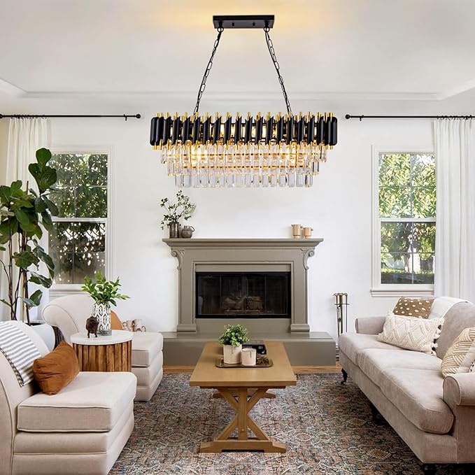 Modern Crystal Chandeliers for Dining Room Black and Gold Luxury Chandelier Living Room 10-Light Pendant Light Fixture Oval Contemporary Ceiling Hanging Light for Kitchen Dining Room