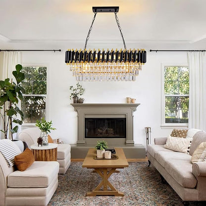 Modern Crystal Chandeliers for Dining Room Black and Gold Luxury Chandelier Living Room 10-Light Pendant Light Fixture Oval Contemporary Ceiling Hanging Light for Kitchen Dining Room