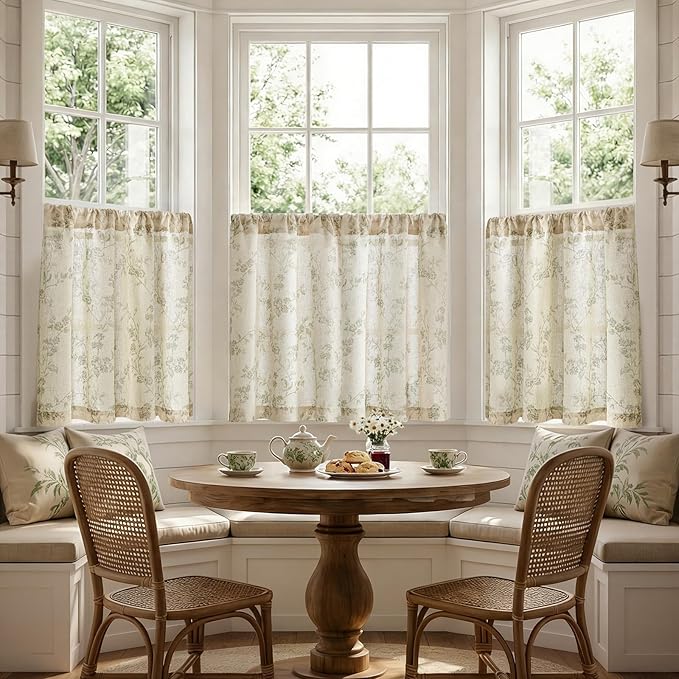 jinchan Floral Kitchen Curtains 36 Inch Linen Tier Curtains Farmhouse Cafe Half Window Drapes Over Sink Light Filtering for Living Room Laundry RV Rod Pocket 2 Panels Sage Green on Beige