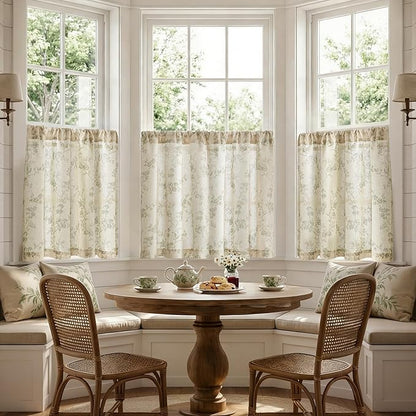 jinchan Floral Kitchen Curtains 36 Inch Linen Tier Curtains Farmhouse Cafe Half Window Drapes Over Sink Light Filtering for Living Room Laundry RV Rod Pocket 2 Panels Sage Green on Beige