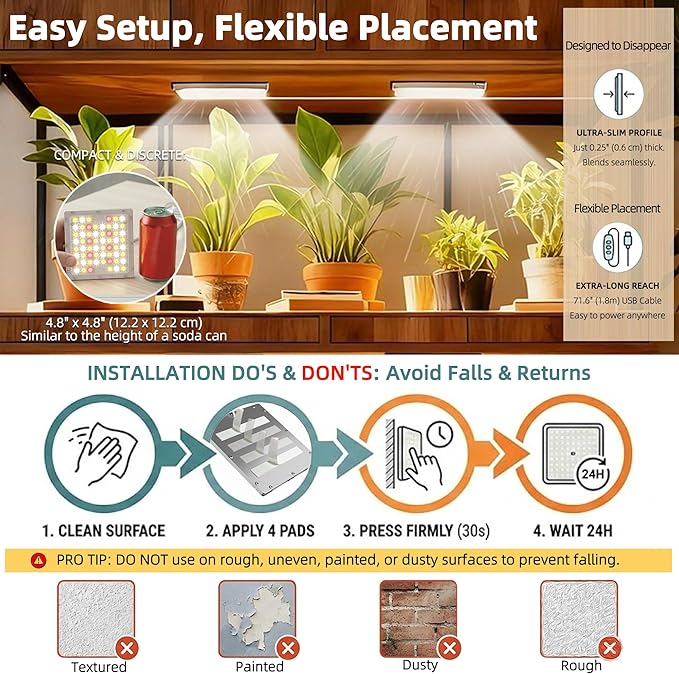 Dual Head Under Shelf Grow Light, USB Powered Stick On LED Under Cabinet Plant Light with Timer, Full Spectrum High PPFD Puck Lights for Shelves, Plant Stands, Indoor Plants, Multi-Plant Coverage