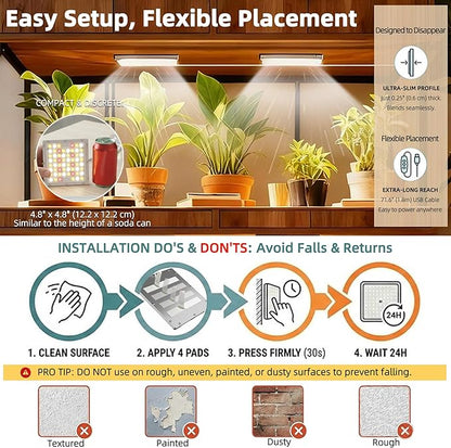 Dual Head Under Shelf Grow Light, USB Powered Stick On LED Under Cabinet Plant Light with Timer, Full Spectrum High PPFD Puck Lights for Shelves, Plant Stands, Indoor Plants, Multi-Plant Coverage