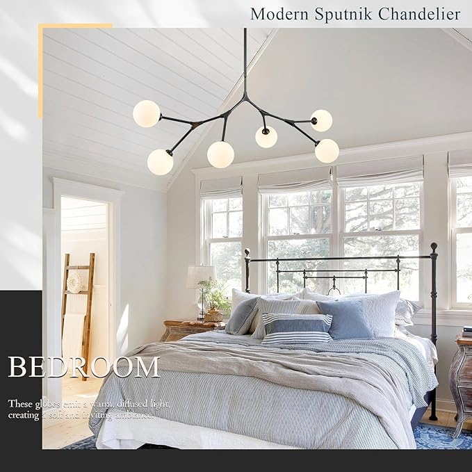 6 Lights Sputnik Chandelier for Dining Room L45’’ Black Modern Pendant Light Fixture with Milk Glass Shade Large Mid Century Chandeliers for Kitchen Island Living Room Foyer