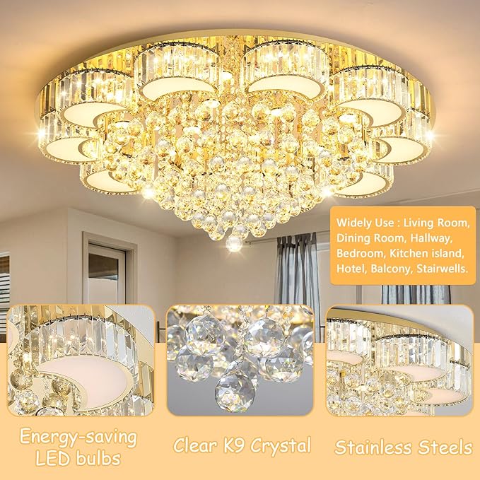 39.4" Gold Modern Crystal Chandeliers for Dining Room LED Dimmable Light Fixtures Flush Mount Light Living Room Bedrooms