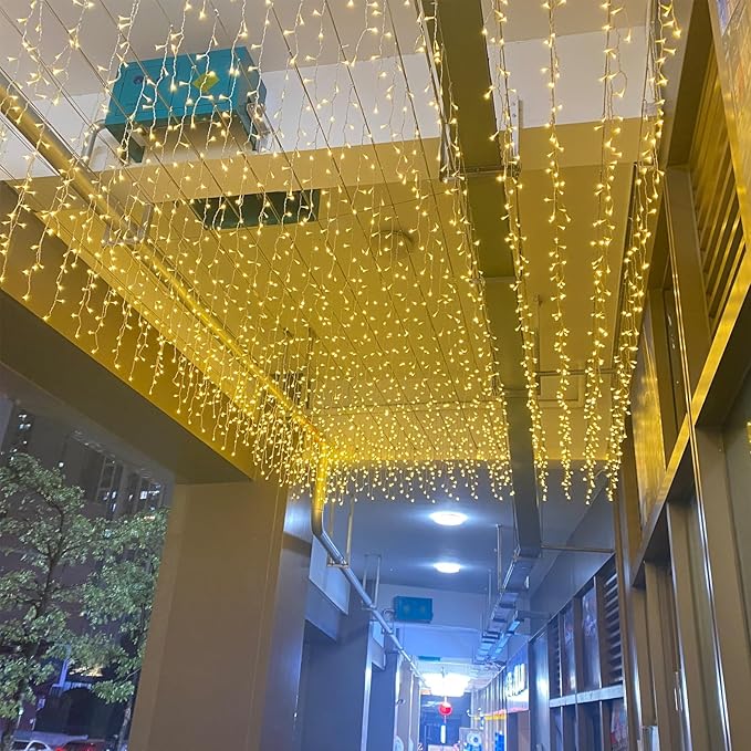 LED Ceiling Icicle Lights, 16.4FT 112 LEDs 8 Modes Twinkle Christmas Hanging Fairy String Horizontal Curtain Lights for Parties Mall Patio Yard Indoor Outdoor Decoration Warm White, 5M04