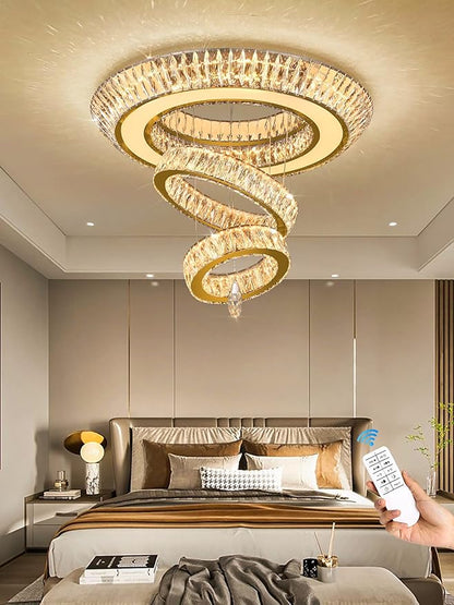 Led 32'' Gold Ring Chandelier,Modern Luxury Crystal Chandelier for Dining Living Room 3-Tier Raindrop Chandeliers Lighting LED 3000-6000K Infinity Dimmable