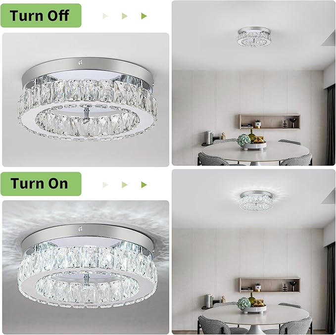 HOPGGIE 12 Inch Crystal Chandeliers LED Ceiling Light Flush Mount Ceiling Light Fixtures Modern Chandelier Light for Kitchen Closet Hallway Bedroom Foyer Laundry Room (Dimmable)