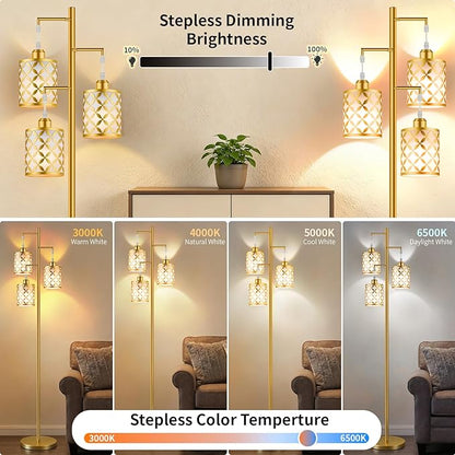 Dimmable Floor Lamp, Farmhouse Standing Lamp with Elegant Metal Cage, Industrial Tall Tree Floor Lamps for Living Room, Bedroom, Study Room, Office, 3 x 800LM LED Bulbs Included, 72", Gold