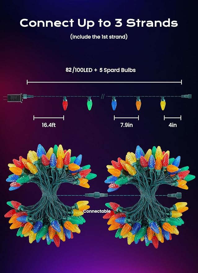 C9 Christmas Lights Outdoor, 82 FT 100 LED Connectable C9 String Lights with 8 Modes and Timer Extendable Xmas Tree Patio Roofline Garden Yard Holiday Party Indoor Outdoor Decoration, Multicolor