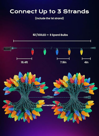 C9 Christmas Lights Outdoor, 82 FT 100 LED Connectable C9 String Lights with 8 Modes and Timer Extendable Xmas Tree Patio Roofline Garden Yard Holiday Party Indoor Outdoor Decoration, Multicolor