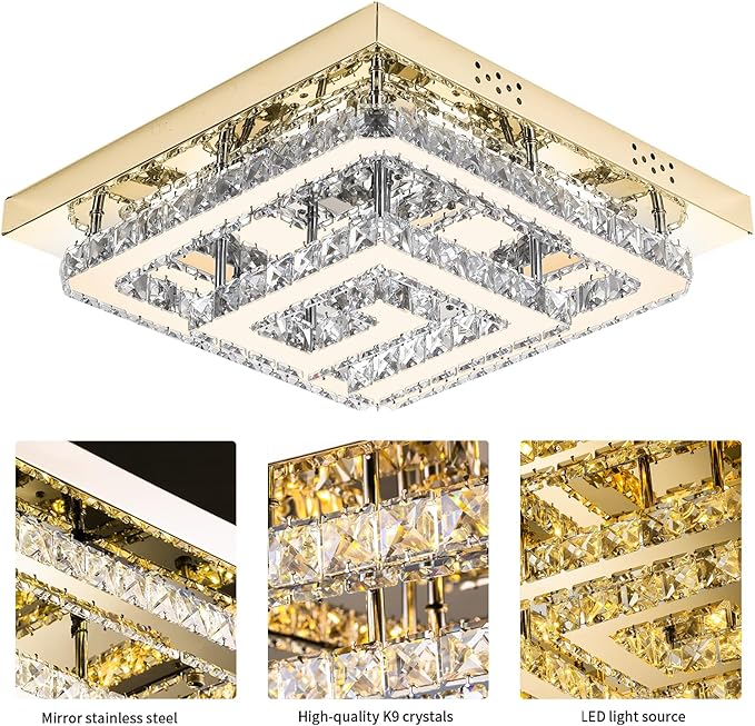 25" Crystal Gold Chandelier with Remote/App Control, 3 Color Temperature Light Fixture & Brightness Adjustable, Modern Flush Mount LED Ceiling Light Fixture for Living Room Kitchen Hallway Dining Room