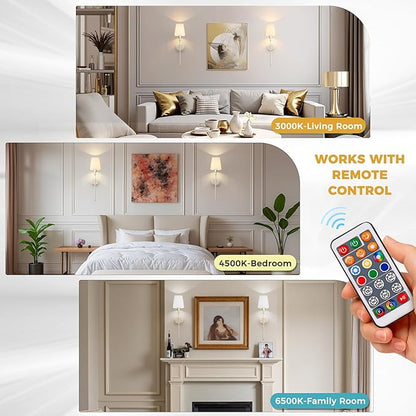 DORESshop Battery Operated Wall Sconce Set of 2, Wireless Wall Light Easy to Install, 7 Color Rechargeable Wall Sconces, Sconce Wall Decor Set of 2 for Bedroom, Living Room, Nickel, 24.6in