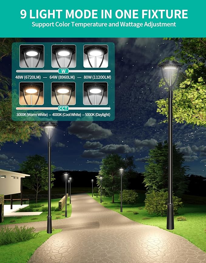 10 Pack LED Post Top Light ETL Listed 80W 64W 48W Adjustable 3CCT Adjustable Outdoor Pole Lights with Photocell IP65 Waterproof Post LED Fixture for Garden Yard Street Lighting