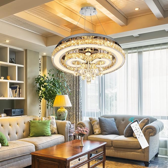 HAIXIANG Modern Glam Chandelier LED Crystal Light Interior Luxury Ceiling Chandeliers Remote Dimmable Lights Fixture 24 Inches Silver Light
