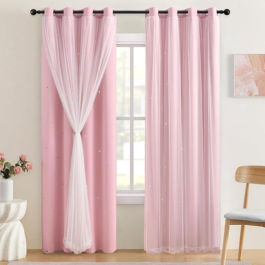 XiDi Pink Blackout Curtains with Sheer Overlay Mix and Match Double Layer 80% Room Darkening Window Treatment Set for Girls Bedroom Living Room Pink Star Drapes with Tiebacks Grommet Top 34" Wx96 Lx2