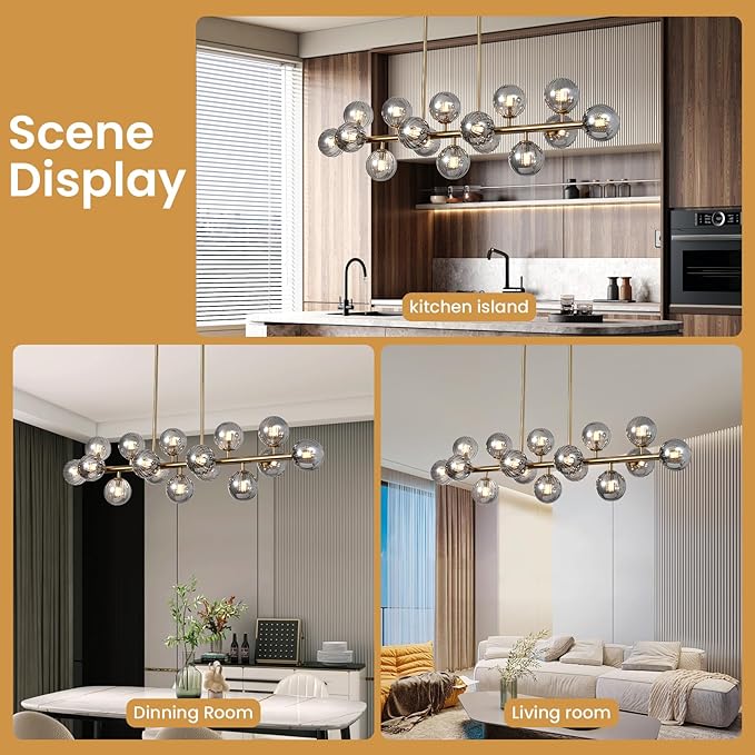 Brass Gold Rectangle Chandelier Modern Chandelier Smoke Grey Globe Glass Pendant Light Fixture Adjustable for Dining Living Room Kitchen Island Over Table 16-Light 50''