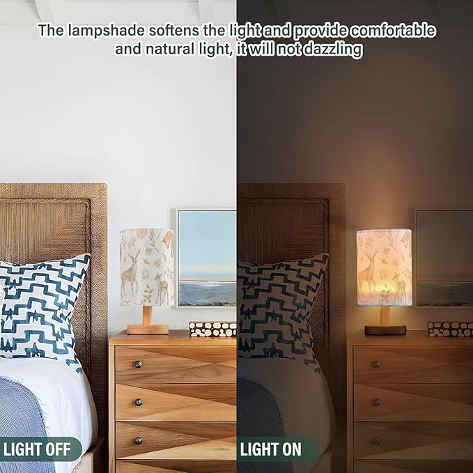 Bedside Table Lamp Woodland Animals Nightstand Lamp with Wood Forest Deer Fox Floral Leaves Desk Lamps for Bedroom Living Room Nursery Office Home Decor