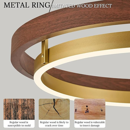 LED Ring Chandelier Dimmable Gold Chandelier Round Foyer Chandeliers Light Mahogany Wood Printed Circular Chandeliers for Dining Room Entry Bedroom Office Living Room, 24in