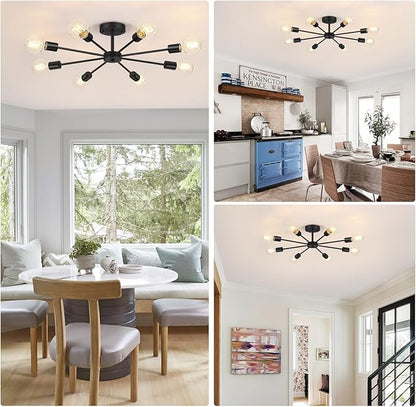 Lomoky 8-Lights Semi Flush Mount Ceiling Light, Matte Black Hallway Ceiling Lighting with E26 Base, Modern Sputnik Light Fixtures for Kitchen Dining Room Bedroom Living Room
