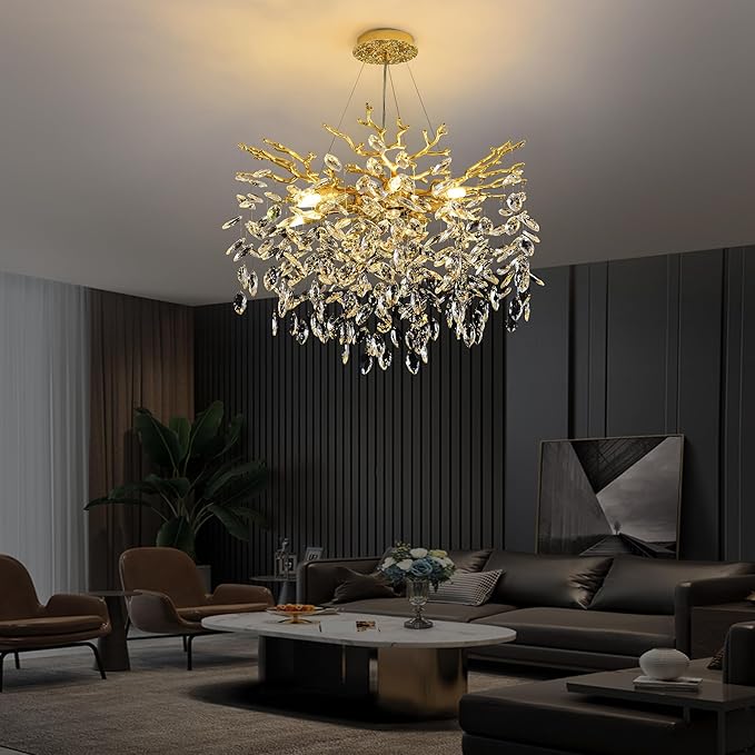 Modern Crystal Tree Branch Chandelier, D23.7'' Round Gold Raindrop Indoor Hanging Ceiling Lighting Fixture for Dining Room Living Room Bedroom Foyer 8 Lights