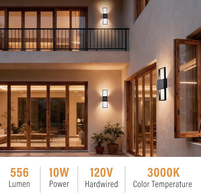 COTTAGE LIFE Modern Outdoor Wall Sconce 2 Pack, Up & Down Integrated LED Wall Lights, Black Exterior Decorative Light Fixture for House, Front Door & Patio, Hardwired 3000K Warm White, 10W