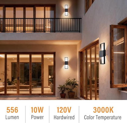 COTTAGE LIFE Modern Outdoor Wall Sconce 2 Pack, Up & Down Integrated LED Wall Lights, Black Exterior Decorative Light Fixture for House, Front Door & Patio, Hardwired 3000K Warm White, 10W