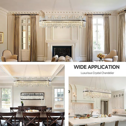 Nickel Led Modern Crystal Chandelier: 39.3" Rectangle Linear 3 Color Dimmable Chandeliers for Dining Room Over Table - Luxury Rectangular Contemporary Oval Light Fixture for Living Room Bedroom Foyer