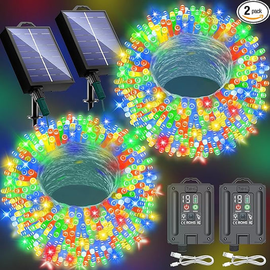 New Upgraded Christmas Solar String Lights Outdoor Waterproof 2 Pack Total 144ft 400 Led Solar Powered Christmas Decorations Fairy Lights 19 Mode USB Charge for Yard Garden Tree Xmas Decor, Multicolor