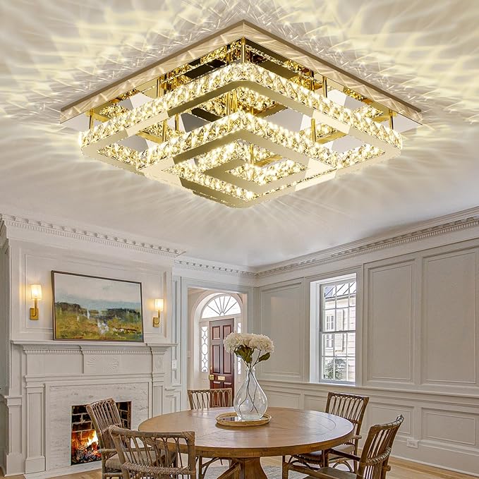 34" Crystal Gold Chandelier with Remote/APP Control, 3 Color Temperature Light Fixture & Brightness Adjustable, Modern Flush Mount LED Ceiling Light Fixture for Living Room Kitchen Hallway Dining Room