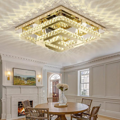 34" Crystal Gold Chandelier with Remote/APP Control, 3 Color Temperature Light Fixture & Brightness Adjustable, Modern Flush Mount LED Ceiling Light Fixture for Living Room Kitchen Hallway Dining Room