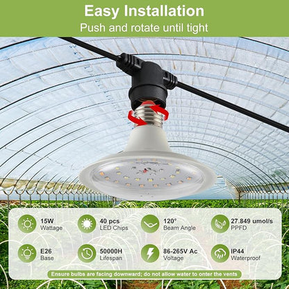Outdoor Grow Lights for Plants, Full Spectrum Greenhouse Grow Light, Outdoor Waterproof Appearance Patent Design, 42FT Adjustable Cord for Vegetables, Seedlings, Flowers (12 Lights)