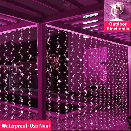 ZSJWL 300 LED Pink Curtain Fairy Lights with Remote, 8 Modes 9.8 × 9.8 Ft Waterproof USB Plug in Copper Wire Lights for Bedroom Window Chrismas Wedding Party