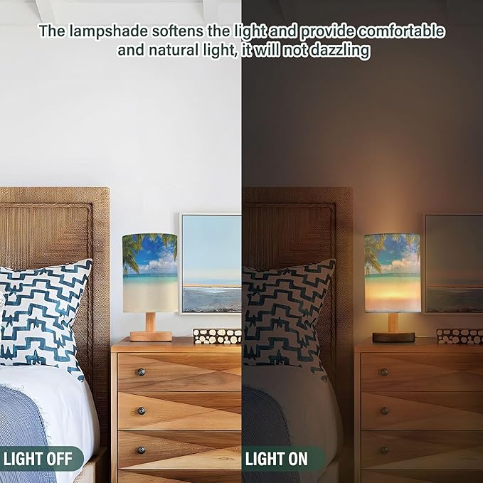 Beach Summer Cloud Blue Sky Ocean Palm Tree Table Lamp with Wood Base Fabric Lamp Shade Bedside Nightstand Desk Lamp for Living Room Bedroom Kids Room Office