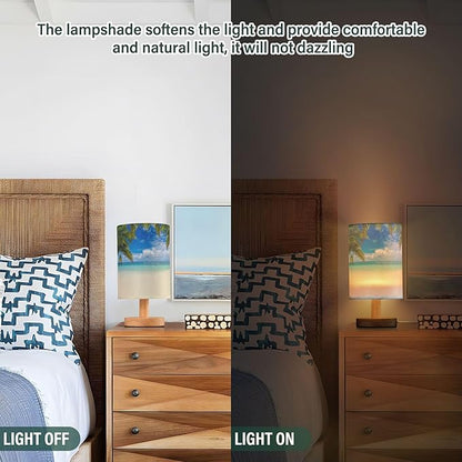 Beach Summer Cloud Blue Sky Ocean Palm Tree Table Lamp with Wood Base Fabric Lamp Shade Bedside Nightstand Desk Lamp for Living Room Bedroom Kids Room Office