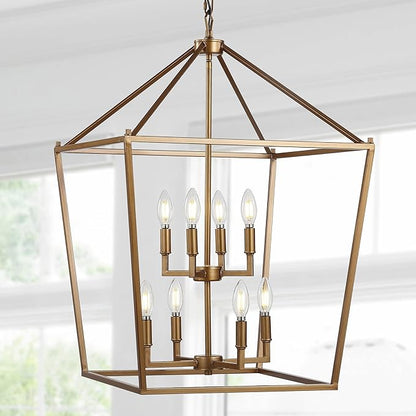 JONATHAN Y 20" Antique Gold Lantern Pendant Light, 8-Light Pagoda Style Metal Cage Farmhouse Hanging Ceiling Fixture for Kitchen Island, LED Bulb Included (JYL7438B)