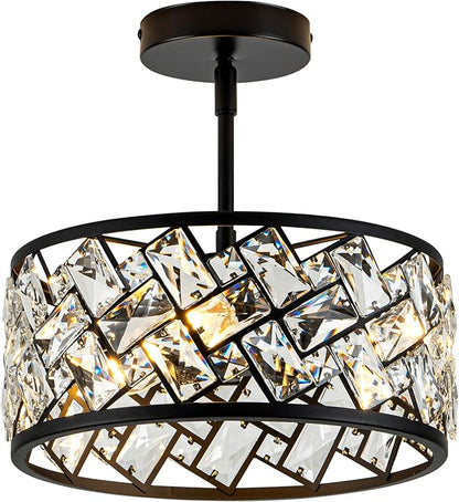 Rpzloila 3-Light Crystal Ceiling Light Fixture, Modern Semi Flush Mount Ceiling Light, Black Crystal Chandelier for Kitchen Bedroom Bathroom Entryway Hallway