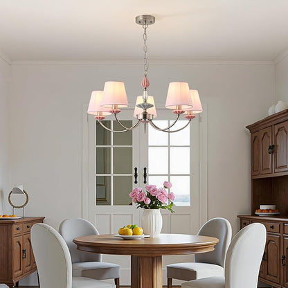 Pink Chandelier for Bedroom Light Fixture，Brushed Nickel Art Deco Chandelier with Fabric Shade,Antique Modern Chandeliers paired with Ceramic for Girls Bedroom，Living Room，Dining Room