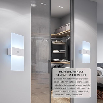 Battery Sconces Wall Decor Set Of 2, Motion Sensor Light Idoor Wireless Dimmable Wall Lamp With button switch, Cold White Magnetic Stick On Lights For Wall,Wall Lights For Bedroom,Hallway,Stair