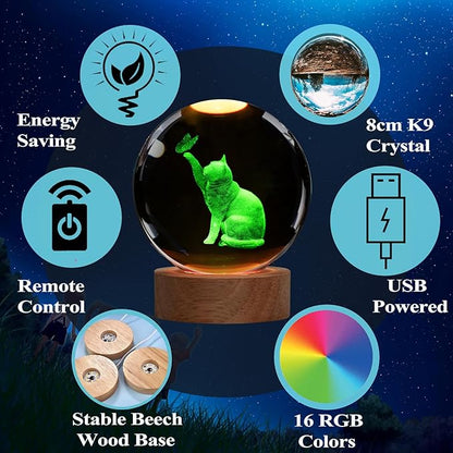 Cat Night Light, Cat Themed Gifts for Girls, K9 3.15 Inch(80mm) Crystal Ball Night Light with 16 Colors Remote Upgraded Lamp for Birthday Xmas Cool Figurines Sympathy Gifts for Room Decor Girls