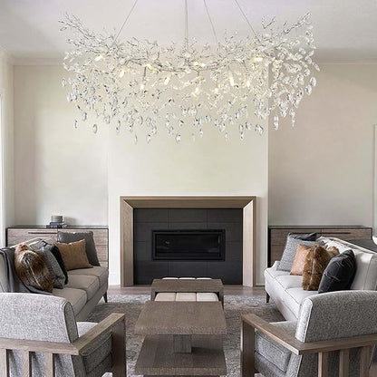 Modern Crystal Silver Chandelier, 47" Large Rectangular Tree Branch Chandeliers for Dining Room Over Table,Living Room,High Ceiling,Kitchen Island,Foyer,Staircase, Crystals Ceiling Light Fixtures