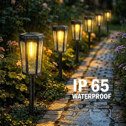 KINKAI Solar Pathway Lights Outdoor - 6 Pack Taller Garden Lights Bright LED Driveway Light Solar Powered Edison Bulb Landscape Lighting for Outside Walkway Patio Sidewalk Yard (Warm Light)
