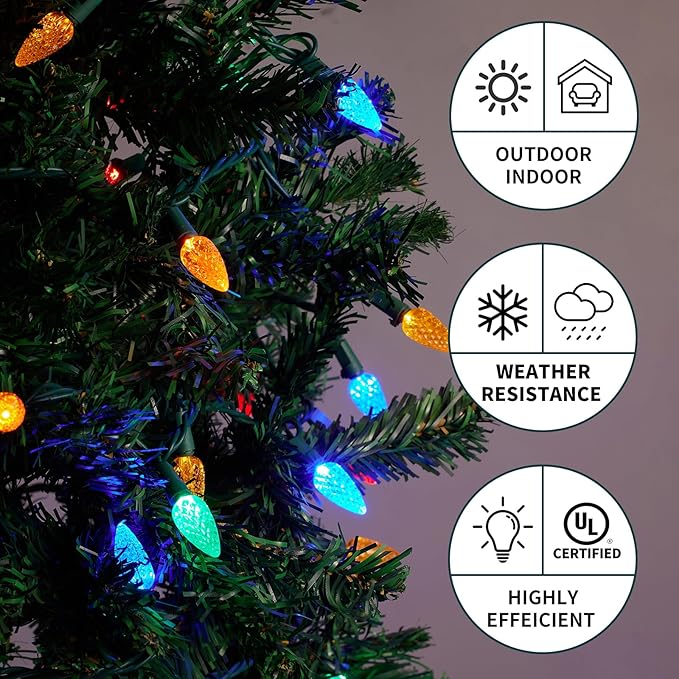 Christmas Lights C6 Multicolor 70 Count Strawberry Green Wire, 24.8 Feet Length Outdoor Connectable Light String for Festival Party Garden Spring Summer Home Decoration