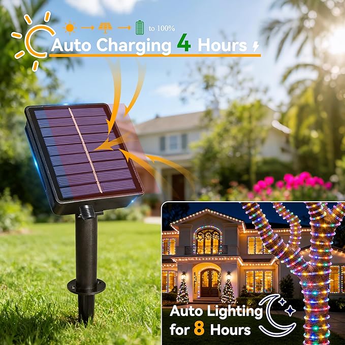 Ollny Solar Rope Lights, 2 Pack Total 66FT 200LED Solar Fairy Lights Multicolor